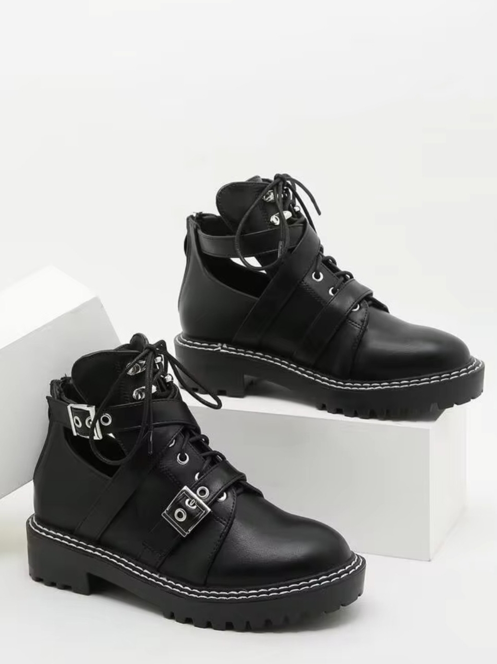 SHEIN Black Lace-Up Cutout Combat Boots with Buckle Straps